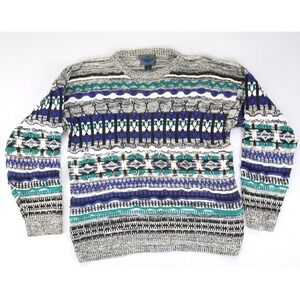 Vintage Grandpa Knit 3D Sweater Sz M Multicolor Crew Neck Striped 90s Coogi